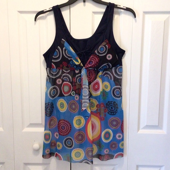 Womens Fashion Mesh Circle Print Tie Front Tankini Swimsuit Top Size Large - Picture 4 of 7